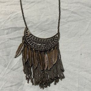 Bronze Tone Egyptian Long Statement Necklace Fringe Metal Feathers
